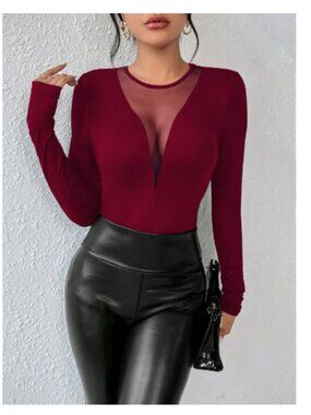 SheIn Women's Burgundy Long Sleeve Top - Plunge V-Neck with Mesh - Size XL